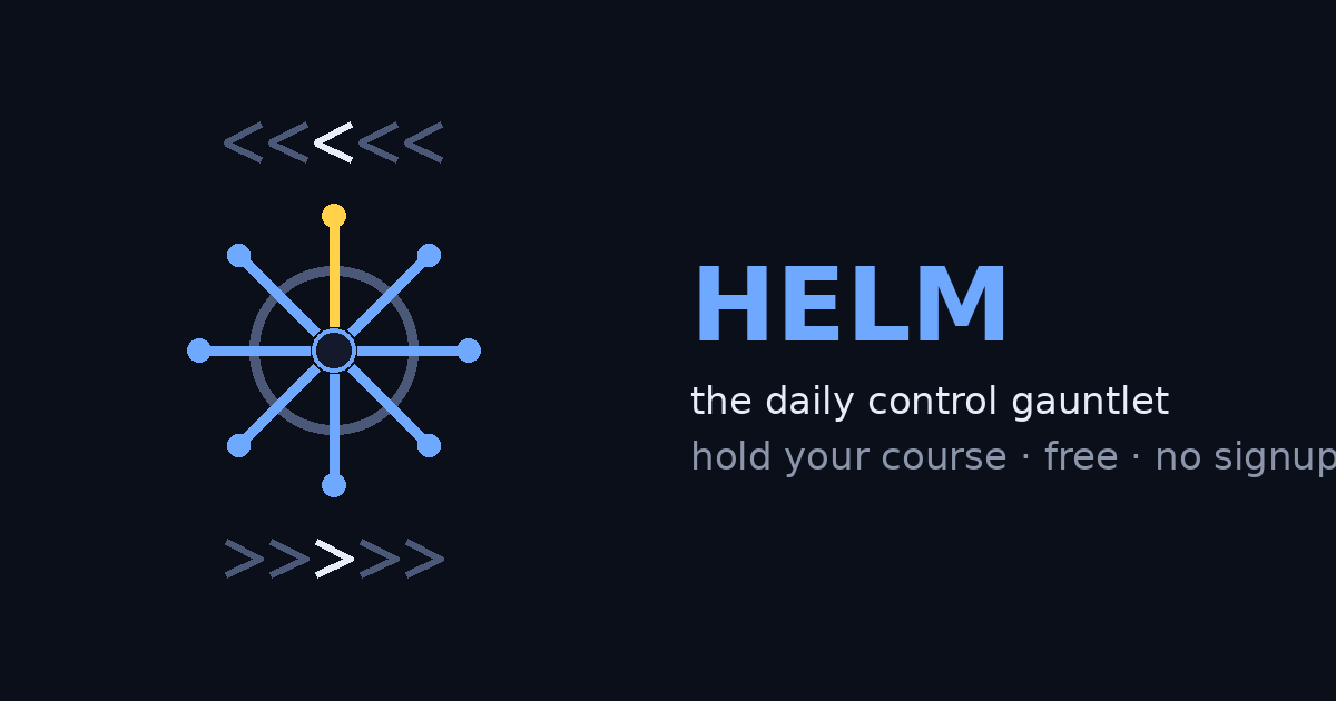 Helm: a steel-blue ship's wheel holding course between two rows of chevrons pulling opposite ways